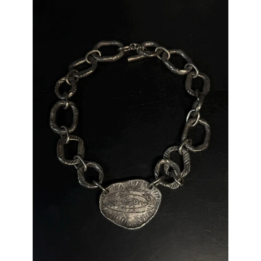 Vintage Silver Tone Celestial Medallion Necklace Chunky Textured Links 17.25